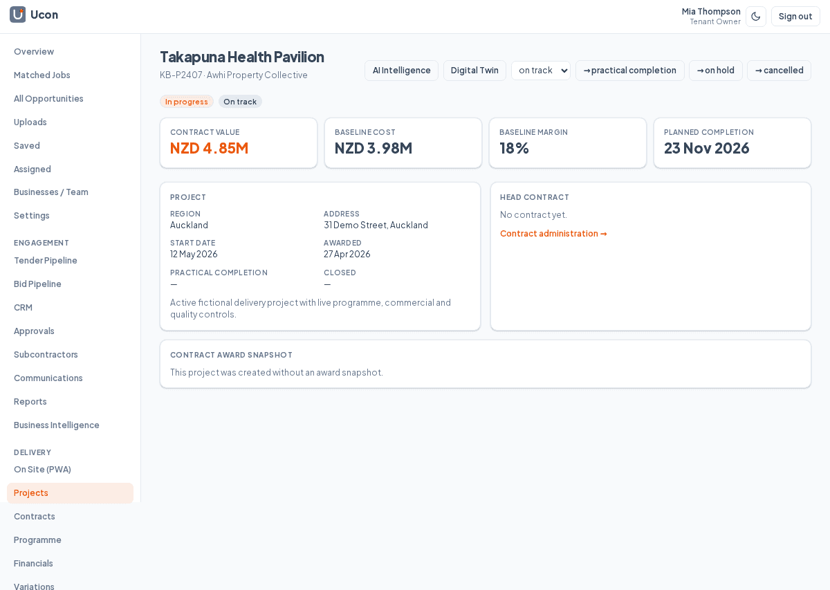 Project Dashboard for the Harbour View Terrace demonstration project