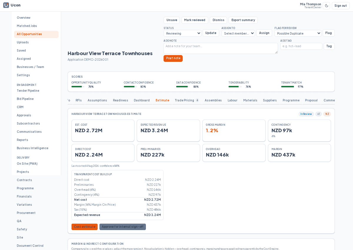 Ucon Builds product view for Estimating